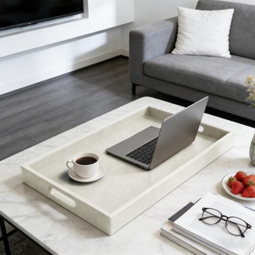 25x18 inches Leather Ottoman Serving Tray with Hole Handles, Rectangle Large Modern Service Tray for Living Room, Coffee Table, Bed, Tea, Food, Butler Countertop, Kitchen, Dinner, Picnic (White) - color: White, size: 25" x 18" x 2"