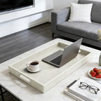30x24 inches Rectangle Leather Ottoman Serving Tray with Hole Handles, Extra Large Modern Service Tray for Living Room, Coffee Table, Bed, Tea, Food, Countertop, Kitchen, Dinner, Picnic (White) - color: White, size: 30" x 24" x 2"