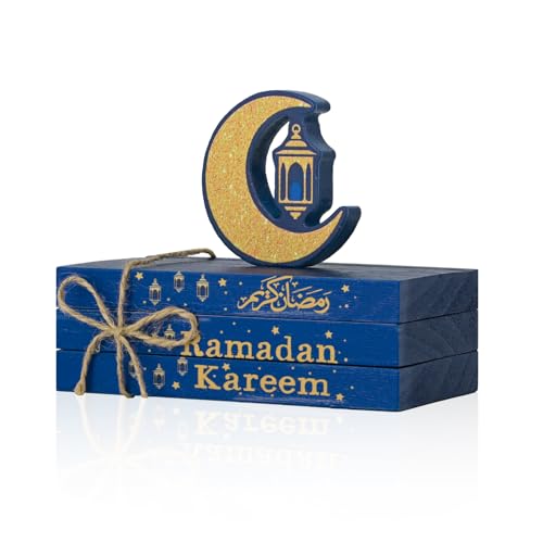 Smile Ramadan Eid Mubarak Wooden Indoor Decorations, Mini Faux Books Bundle, Islamic Tiered Tray Muslim Party Tabletop Home Decor - style: Ramadam Blue
