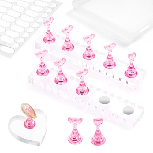 Nail Stand For Press On Acrylic Strong Magnetic Nail Holder Kit For Painting Nails Tip Arts Display With 200PCS Double-Sided Tape And 1 Heart Shaped Acrylic Magnetic Presson Stand (Clear And Pink, Medium) - color: Clear And Pink, size: Medium