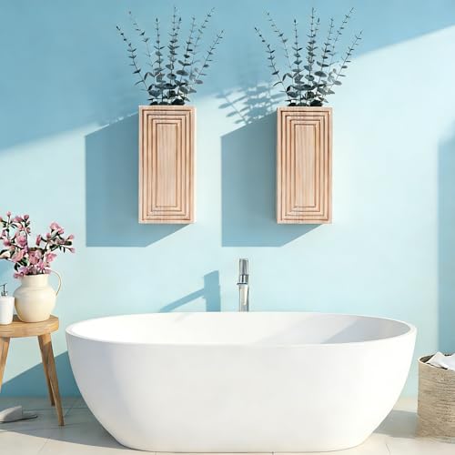 Wooden Wall Planter Vase, 2 Pack Natural Wood Hanging Vases with Fake Eucalyptus for Indoor Modern Boho Farmhouse Wall Art Decor for Home Indoor Kitchen Modern Farmhouse Bathroom - color: Natural Wood With Eucalyptus