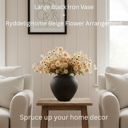 Black Large Round Vase Pottery Look for Home Decor, Arina Black Rustic Iron Vase Modern Farmhouse, Console Table Decor, Earthy Textured Metal Big Black Round Vases for Centerpieces, Jarrones Grandes - color: Black Large Round