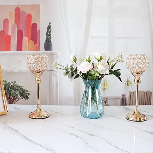 Vidisan Gold Crystal Tealight Candle Holders, Set of 2,Pillar Candle Holders Table Centerpieces for, Wedding, Home Decor，Party Housewarming Gift