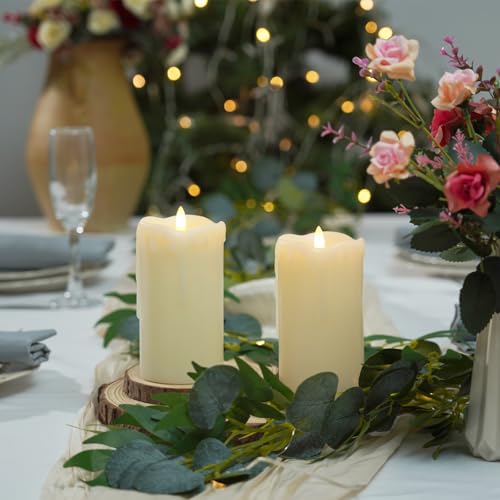 Raycare 6"x3" Dripping Wax Flameless Candles, Battery Operated LED Candles with Remote Control and Timer, Electric Fake Plastic Pillar Candles, Set of 2 - color: D3"xH6"6"-Ivory Wax