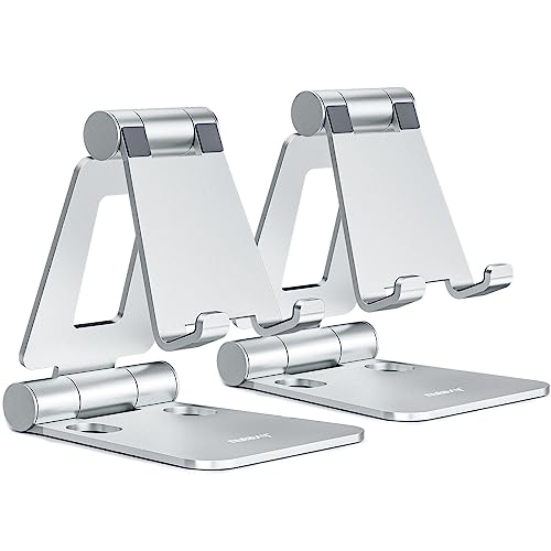 Nulaxy 2 Pack Dual Folding Cell Phone Stand, Fully Adjustable Foldable Desktop Phone Holder Cradle Dock Compatible with iPhone 17 16 15 14 13 12 Pro Max Xs Xr, All Phones, Silver - color: E-Silver