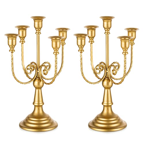 Romadedi Candelabra Gold Candle Holders - 5 Arm 11.8" Wedding Candlestick Holder for Theme Party Table Centerpiece Decor Dining Room Birthday Holiday Christmas, Set of 2 - color: Gold-5 Arm, size: 2pcs