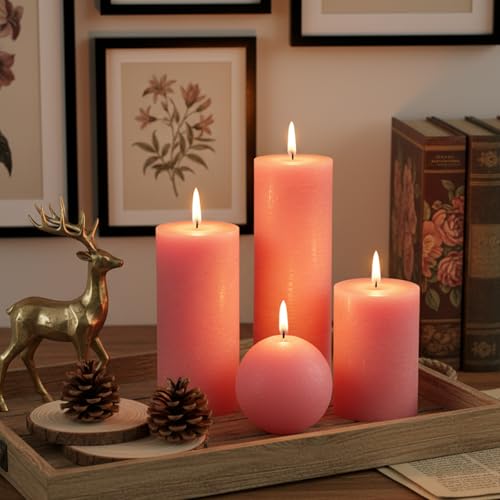 Pink Rustic Textured Pillar Candles Set - 4 Pcs Assorted Sizes Unscented Pillar Candle, Decorative Farmhouse Candles for Home Centerpiece Decor, Holiday Dinner Table, Dripless & Smokeless - color: Muted Pink