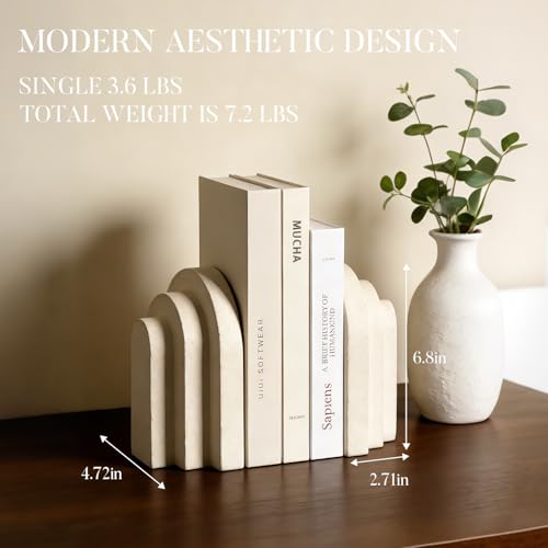Book Ends for Heavy Books, Beige Modern Pleasing Layered Arch Design Aesthetic Bookend Decorative, Concrete Book Ends to Hold Books Heavy Duty for Bookshelf Decor, Home Decor, Office Decor