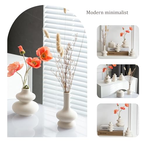 JOJUNO White Bud Vases, Small Ceramic Vase Set of 5, Mini Pottery Vases for Flowers, Decorative Vases for Home Modern Decor, Boho Decor, Chic Vases for Living Room Dining Table Shelves - color: White