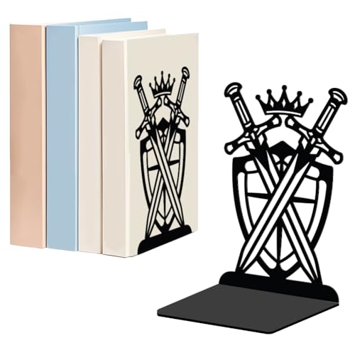 WADORN 1 Pair Dual Swords Decorative Bookends, Knight Theme Heavy Duty Metal Book Ends Western Non-Skid Black Book Stopper for Bookshelf Library Home Office Dorm Back to School, 5.3x4.3x7.9 Inch - color: Dual Swords