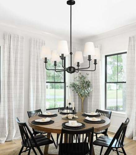 6-Light Black Pendant Chandelier with Fabric Shades, E12 Base - Farmhouse & Industrial Style for Kitchen, Living Room, Dining Room, or Bedroom Lighting - color: 6 Light+Black