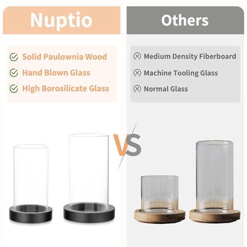NUPTIO Wooden Candle Holders Pillar: Black Candle Tray with Round Hurricane Glass Vase - Set of 2 Cylinder Floating Candleholder for Home Halloween Thanksgiving Seasonal Decor - color: Black