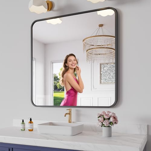 Koonmi Bathroom Mirror, 36X36 Brushed Black Metal Framed Wall-Mounted Mirror for Over Sink, HD Tempered Glass, Anti-Rust, Rounded Rectangle Mirror for Restroom, Bedroom, Hangs Horizontal or Vertical - color: Rounded Edged, size: 36"L x 36"W