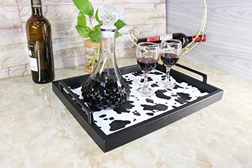 MCBZ Living Room Decorative Tray, Serving Tray, Coffee Table Tray, Leather Tray, Hardware Handle 16.5 x 12.6 inches (Black) - color: Black/White Cow Pattern