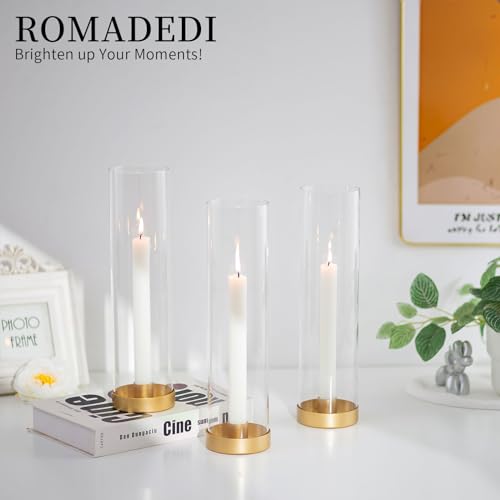 Romadedi Candlestick Candle Holders Hurricane Glass - 12 Inch Clear Gold Taper Candle Holders for Table Centerpiece Wedding Party Birthday Christmas Decor Home Decorations, Set of 2 - color: Gold