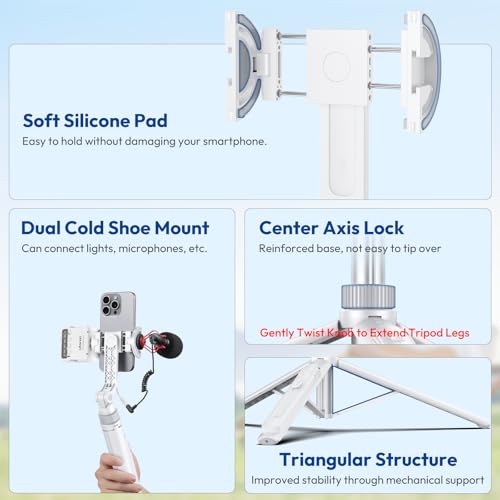 ULANZI TT88 Magnetic Tripod for iPhone 17, 57" Extendable Selfie Stick w Remote, 2-in-1 Phone Clip & Dual Cold Shoe Mounts-Lightweight Phone Tripod Stand for Vlogging, Travel, Video Recording, White - color: White