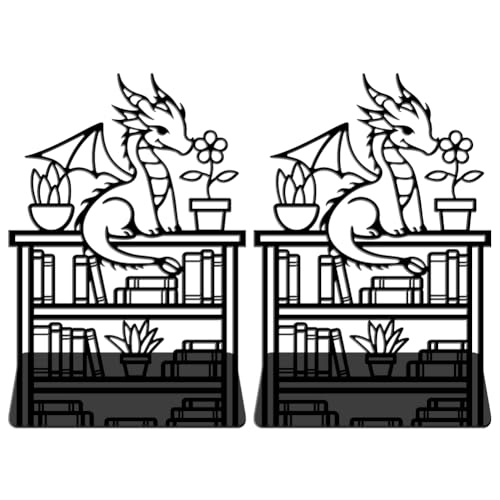 WADORN Dragon Reading Book Metal Bookends for Shelves Decorative 1 Pair, Heavy Duty Books End Support Non-Skid Book Holder Black L-Shaped Book Stopper for Home Office Desk Book Divider, 4.7x3.5x7 Inch - color: Dragon Bookshelf