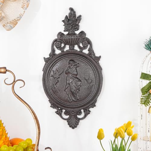 Sungmor Ornate Cast Iron Wall Art Plaque – Classical Woman Relief in French Country Style, Decorative Wall Sculpture - Vintage Hanging Décor for Home, Garden, or Patio – Rustic Black Finish - color: Rustic Black & A