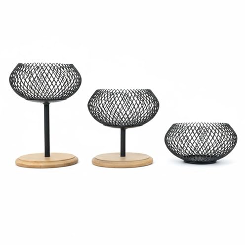 Modern Iron Mesh Candle Holder Set with Bamboo Base, Stylish Dining Table Centerpiece Decor, Lightweight Yet Sturdy Metal Votive & Tea Light Stand for Home Ambiance(3PCS) - size: 3PCS