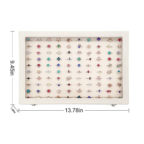Stratalife Jewelry Organizer Ring Storage Display Tray with Clear Glass Lid Velvet Jewelry Showcase Ring Box for Multiple Rings Drawer Display 100 Slot (Beige) - color: Beige, size: 100 Slots Ring