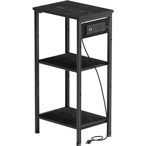 Asgolion Tall Nightstand with Charging Station, 3 Tier Narrow Tall End Table with Storage, Slim Side Table with USB Ports and Outlets for Bedroom, Living Room, Office, Black - color: Black, style: With Outlet
