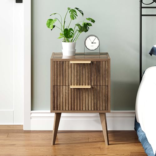 YAUKOMEL Mid Century Modern Nightstand,Small Bedside Table with 2 Drawers,Fluted Side Table,Walnut Brown End Table for Living Room,Bedroom,Small Space,Caramel Oak 11.8" D x 15.7" W x 22.8" H CTG55BR - color: Caramel Oak, style: Fluted Style