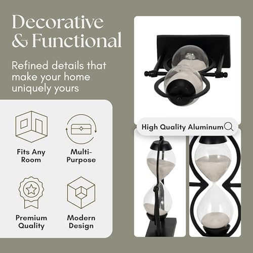 Metal & Glass Decorative Sandtimer– Accent for Table Top & Shelf, Coffee Table Decor for Living Room – Indoor Home Decor, Modern Stylish Tabletop Accessories Accent Piece – 11", Black