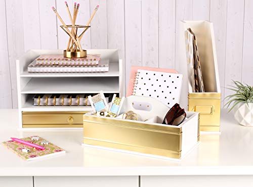 Kate and Laurel Industrious Desktop Wood Letter Tray with 3 Trays and Drawer, White and Gold