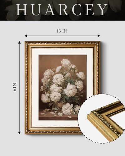 HUARCEY Vintage Peony Canvas Wall Art 13x16 Inch Gold Framed Floral Oil Painting, Still Life Classic Flower Bouquet Artwork Living Room Bedroom Hallway Entryway Dining Room Décor - color: Falling, size: 16"L x 13"W