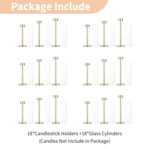NUPTIO Candle Holders for Table Centerpiece: 18 Pcs 23.6 & 21.7 & 19.7 in Tall Gold Hurricane Candlesticks Holder with Glass Cylinder Cover Bulk Taper Candles Sticks Stand for Thanksgiving Party Decor - size: 23.6 & 21.7 & 19.7 in
