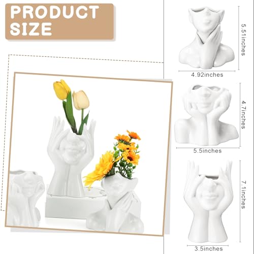 Sieral 3 Pcs Ceramic Face Vase Female Form Flower Modern Body Vase for Decor with Head Half Body Bust Centerpiece for Table Shelf Home Bedroom Room Office(Small,White) - color: White, size: Small