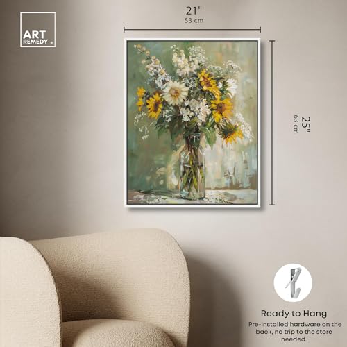 Art Remedy Sunflowers In A Glass Vase Canvas Vintage Farmhouse Wall Art, White Frame, 20" x 24" - color: White Frame, size: 25"L x 21"W