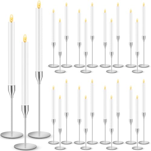 FillTouch 30 Pcs Silver Candlestick Holders with Flameless LED Candles Bulk Includes 15 Metal Candle Holders and 15 Battery Operated Taper Candles for Wedding Valentines Table Centerpieces Home Decor - color: Silver Holders, White Candles