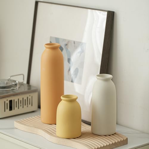 10.4 inches Tall Decorative Ceramic Vase Set, 3 Pieces, 10 inches Nordic Modern Style, White, Farmhouse Home Boho Shelf Decor(Orange) - color: Orange