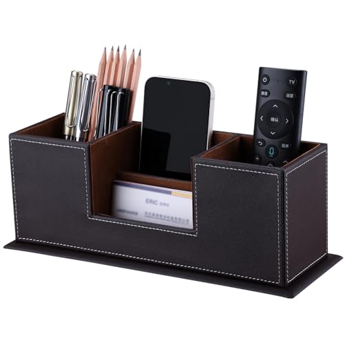 KINGFOM™ Double Holder Wood Leather Multi-Function Desk Stationery Organizer Dark Brown - color: Brown-l