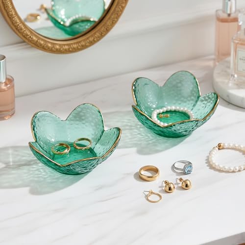 Green Flower Ring Dish Jewelry Tray, Small Glass Trinket Tray for Rings Earrings, Present for Wife Mom Daughter Women - color: Green