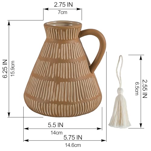 Mowtanco Rustic Farmhouse Vase with Handle and Tassel, Vertical Stripes Terracotta Pottery - Vintage Ceramic Clay for Home Décor, Shelf, Table, Bookshelf, Mantle, Entryway - color: Yellow - Tassel
