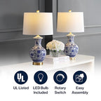JONATHAN Y 25.25" Blue/White Ceramic Ginger Jar Table Lamp Set of 2, Traditional Brass Gold Base for Living Room Bedroom, White Linen Drum Shade, LED Bulbs Included JYL1072A-SET2