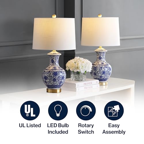 JONATHAN Y 25.25" Blue/White Ceramic Ginger Jar Table Lamp Set of 2, Traditional Brass Gold Base for Living Room Bedroom, White Linen Drum Shade, LED Bulbs Included JYL1072A-SET2