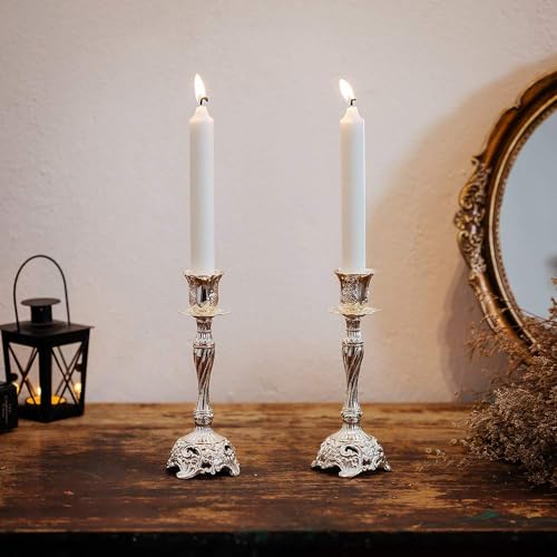 Sziqiqi Silver Plated Candlestick Holders Set of 2 Taper Candle Holders Deluxe Ornate Candle Holders for Shabbat Taper Candles, Candle Centerpiece, Wedding Candles, Christmas Candle, 7.4inch - color: Silver