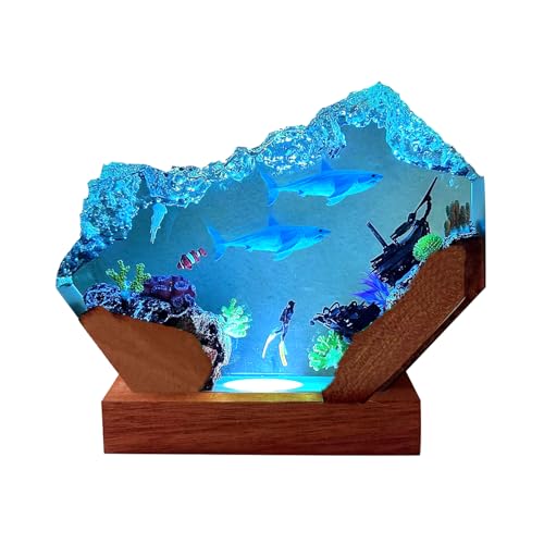 Handmade 3D Ocean Resin Lamp - USB Powered Resin Ocean Night Light with Wooden Base, Variable Lights, Scuba Diver Gifts, Diving Enthusiast Collectibles, Unique Thanksgiving Day and Christmas Gifts - color: Scuba Diver-2, size: L