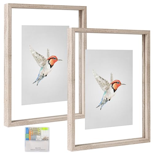 MUYE 11x14 Floating Frames Distressed Beige White Wood Pattern,Double Glass Picture Frame Set of 2 Display Any Size Photo up to 11x14,Wall Mount or Tabletop - color: Beige, size: 11x14