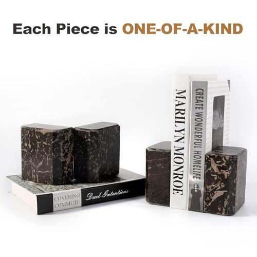 BCS Italy Natural Marble Bookends for Shelves, 7lbs Decorative Book Ends for Heavy Books, Athenian Column Stone Book Holders, Office Bookshelf Stopper Decor for Books, CDs, Video Games (Nero Portoro)
