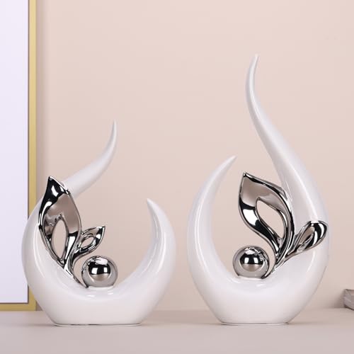 13" H White Silver Abstract Sculptures Home Decor, Ceramic Art Statue Cool Stuff to Put on Shelves&tv Stand Decor, Silver Accent Entertainment Center, for Fireplace Coffee Table Dining Table Decorate - color: White Silver, size: 13.0in/H