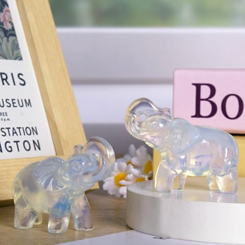 2 Inch White Opalite Crystal Elephant Sculpture Handcrafted Healing Stone Animal Figurine Spiritual Home Decor Lucky Charm Gift for Wealth Success Positive Energy and Meditation Lovers - color: Opalite Elephant-02