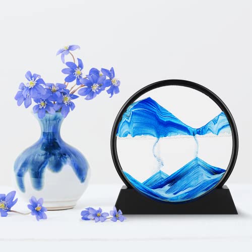 Herecanli Moving Sand Art Picture - 3D Quicksand Painting Decor - Round Glass 3D Deep Sea Sandscape - Relaxing Decoration for Home,Office,Desk,Mantle,Bookshelf,Room- (Blue, 12 in) - color: Blue, size: 12"