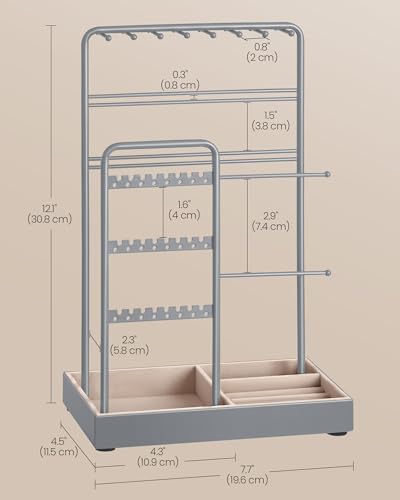 SONGMICS Jewelry Holder, Jewelry Organizer, Jewelry Display Stand with Metal Frame, Velvet Tray, Necklace Earring Bracelet Holder, for Studs, Rings, Gift Idea, Dove Gray UJJS021G01 - color: Dove Gray