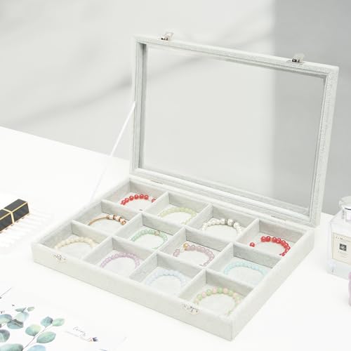 Coward Jewelry Organizer Tray Box, Grey Beige Velvet 12 Grids Bracelet Bangle Necklace Jewelry Display Tray Case with Transparent Glass Lid for Home Desk Drawer or Store Selling Show - color: Grey Beige Velvet, size: 12Grids Box