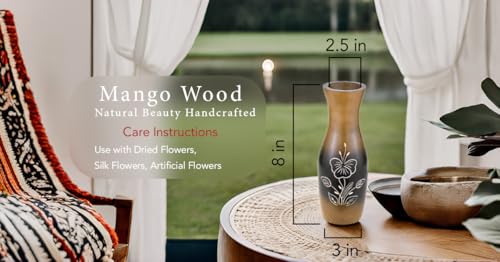 AeraVida 8-Inch Hand Carved Hibiscus Mango Wood Vase | Decorative Brown Bottle-Shaped Wooden Flower Vase for Living Room or Tabletop | Farmhouse Rustic Home Decor