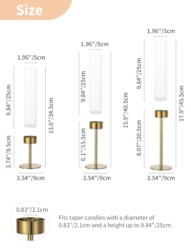 NUPTIO Hurricane Candle Holder for Centerpiece: Set of 6 Gold Taper Candle Holders Bulk - Tall Brass Candlestick Holders with Cylinder Shape Cover for Dinner Table Christmas Decor - size: 6 pcs